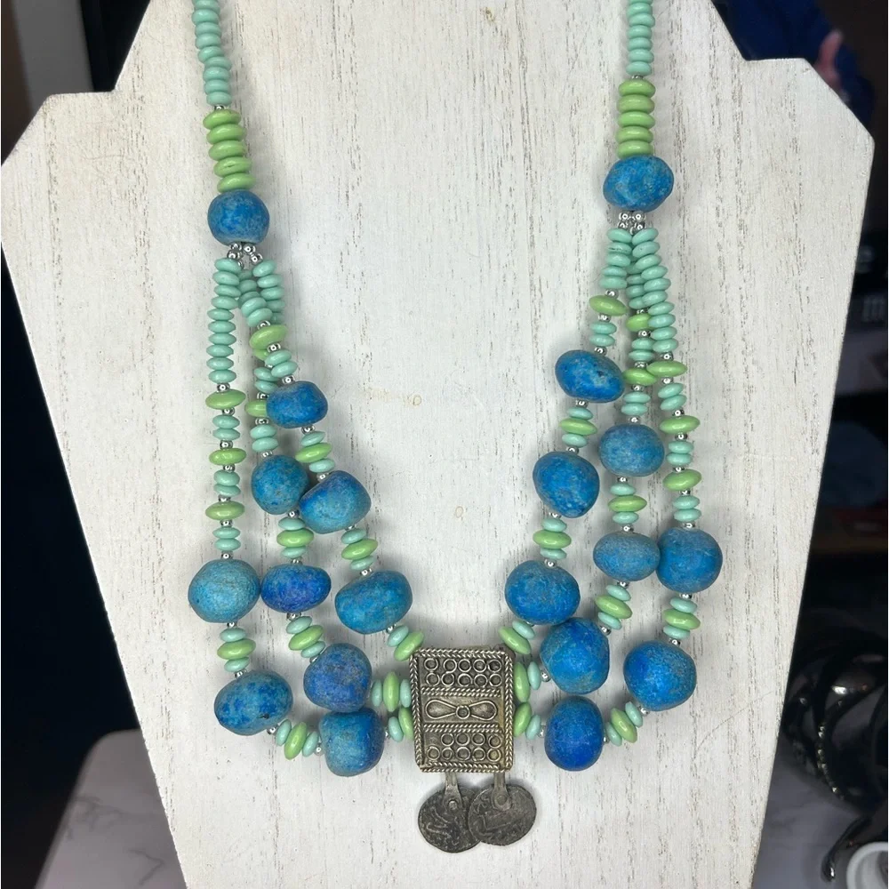 Vintage Boho Turquoise & Mint Chunky Layered Clay Bead & Coin Statement Necklace